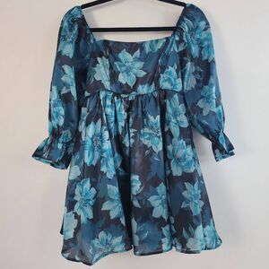 Thirty/Thirty small blue floral babydoll empire waist‎ dress mini balloon sleeve